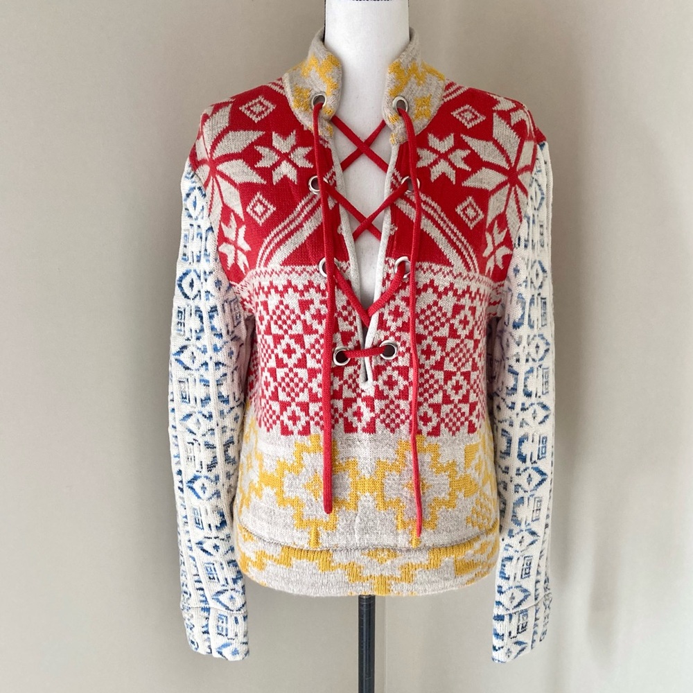 NWT BDG Rian Lace-Up Sweater in Multi Red Size M - Picture 8 of 14